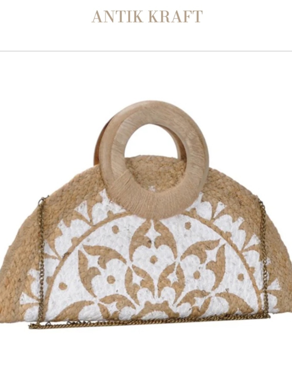 Antik Kraft Natural Straw Half-Moon Handbag White Floral Detail Summer NWOT